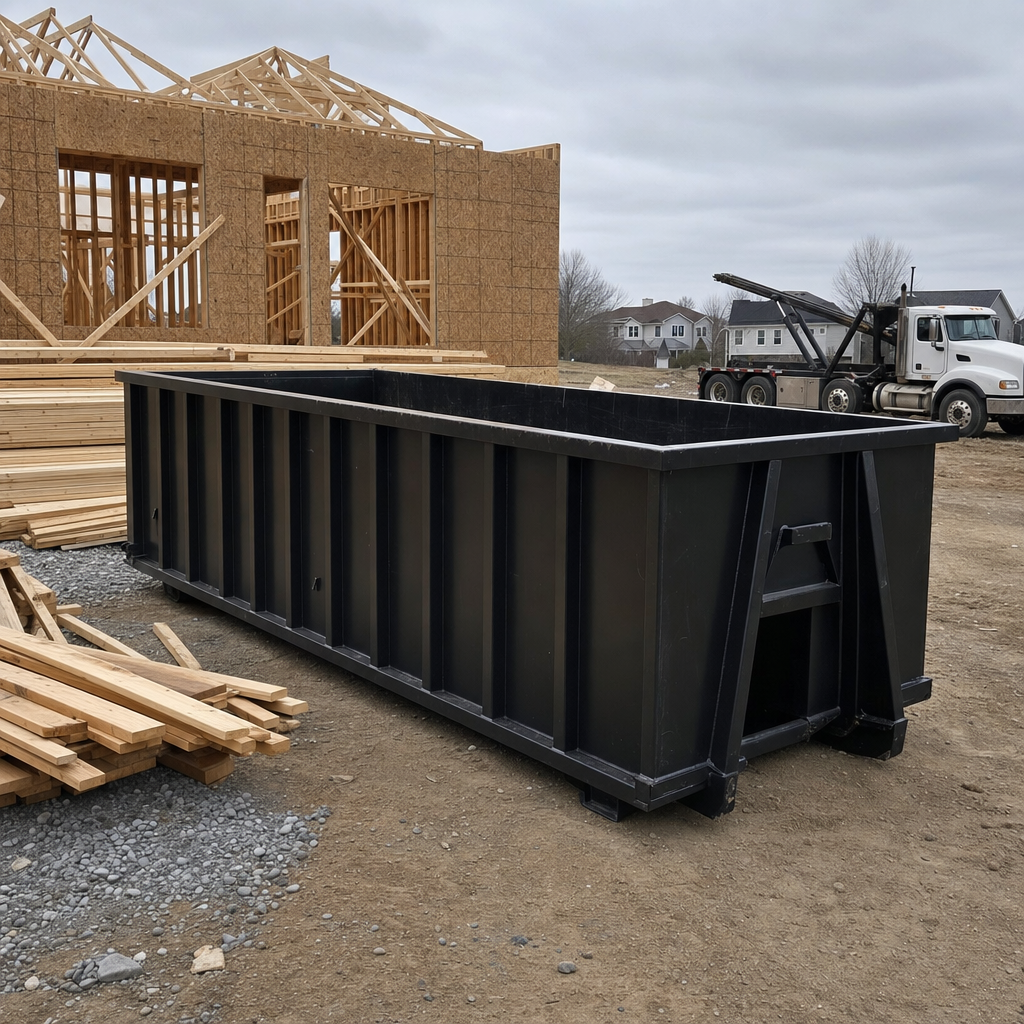 Matte-black 40-yard roll-off dumpster staged on a framed-out residential construction site in San Mateo, framing lumber stacked nearby, hooklift delivery truck visible in the background under bright Colorado daylight