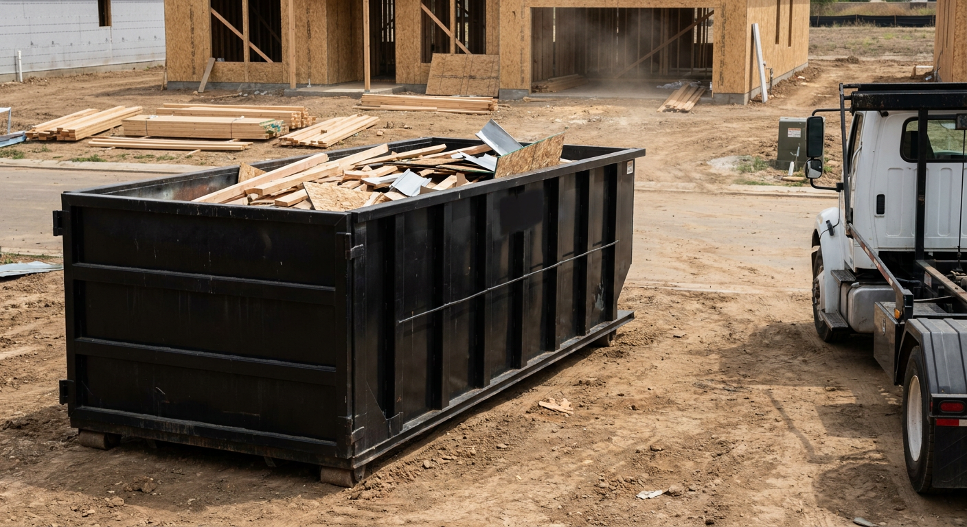 Matte-black 20-yard roll-off construction dumpster with heavy ribbed steel sidewalls and swing rear doors at a working jobsite in San Mateo, sitting directly on compacted dirt with an unmarked white hauler partially visible at the far edge of the frame.