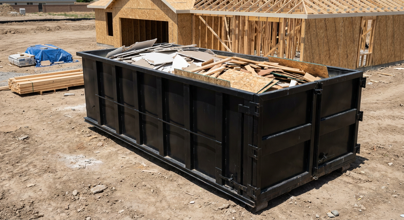 Matte-black 30-yard roll-off construction dumpster sitting directly on the compacted-dirt site of a framed single-family home build in San Mateo, drywall and lumber scrap loaded inside.