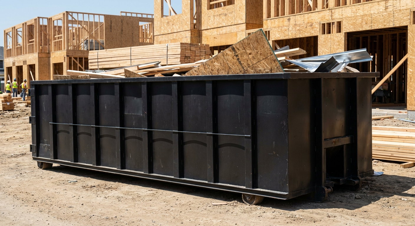 Matte-black 40-yard roll-off construction dumpster being lowered from a white-cab hooklift delivery truck onto the compacted-dirt jobsite at a commercial build site in San Mateo