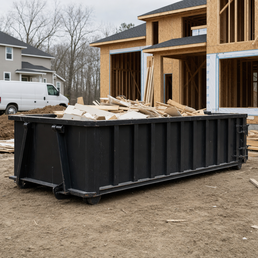 Worker in a yellow high-visibility vest tossing framing lumber and broken drywall into a matte-black 30-yard construction roll-off dumpster on an active build site in San Mateo, bright daylight