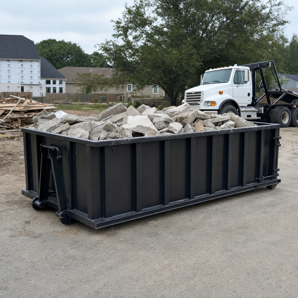Low-profile matte-black lowboy roll-off dumpster loaded with broken concrete slab and rebar at a foundation tear-out in San Mateo, skid steer parked beside it, sunny Colorado morning