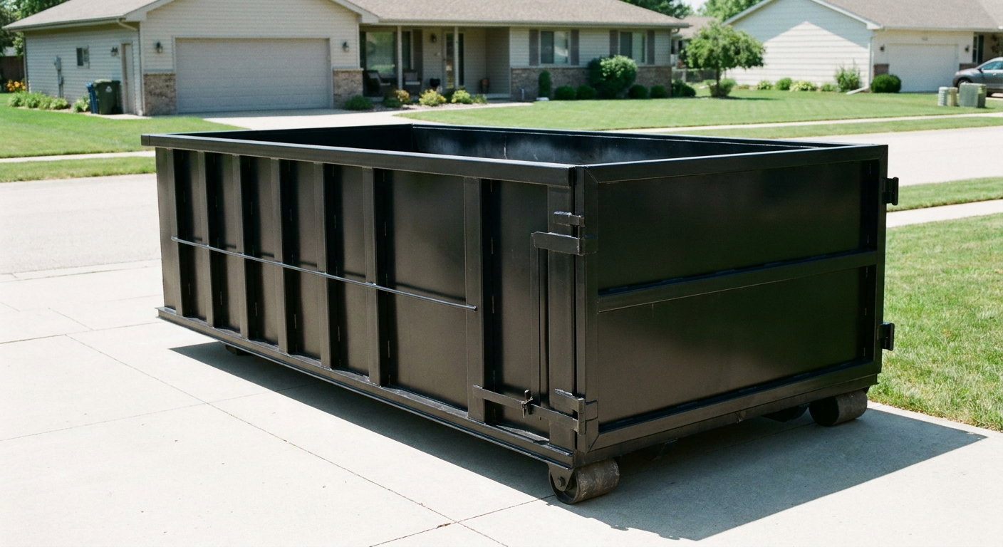 Matte-black 10-yard roll-off dumpster on a residential concrete driveway in San Mateo, uniformly painted matte black across every panel and rail, ribbed steel sidewalls and rear swing door visible, mid-day daylight.
