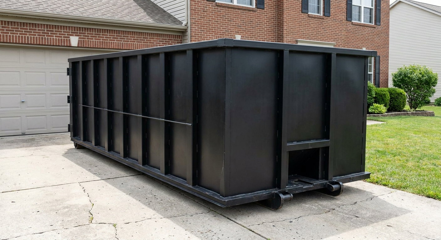 Matte-black 20-yard roll-off container on a San Mateo residential concrete driveway with reinforced ribbed steel sidewalls and a hinged rear walk-in door, clean bright daylight.