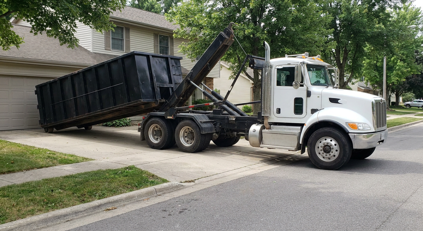 White-cab hooklift roll-off truck actively lowering a matte-black dumpster onto a San Mateo residential concrete driveway, the dumpster's rear wheels touching the driveway as the hoist arm tilts the bed forward, mid-morning daylight.