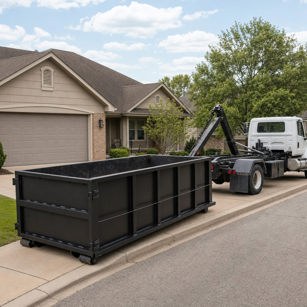 Wide documentary shot of a matte-black roll-off dumpster on a San Mateo residential driveway in the foreground and a contractor jobsite container in the soft-focus background, bright daylight, calm and orderly composition.