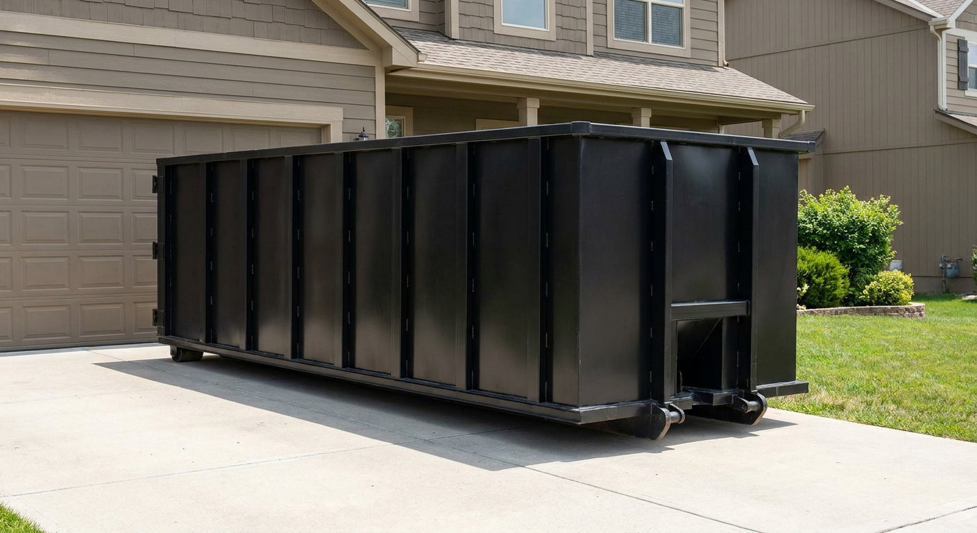 Matte-black residential roll-off dumpster sitting directly on a suburban San Mateo concrete driveway, garage door closed, single-family home in background, bright morning daylight.