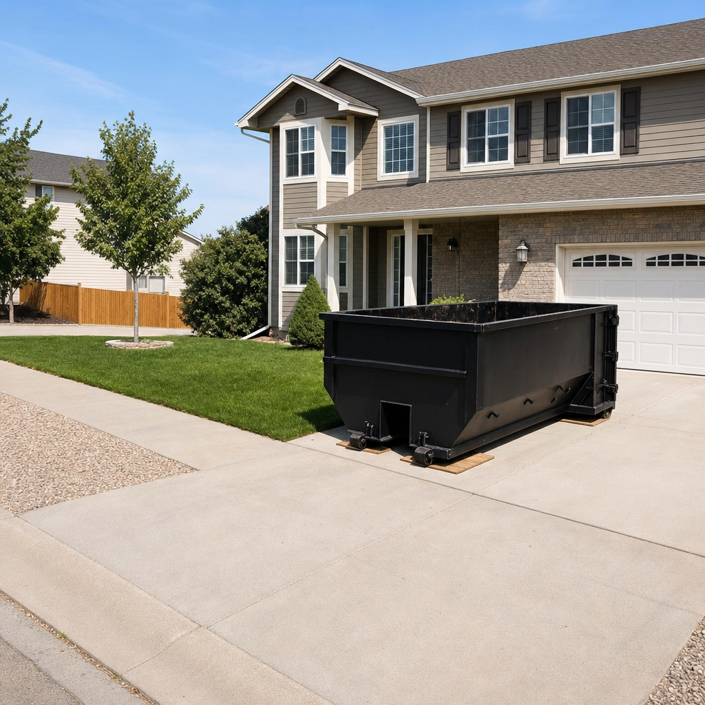 10-yard matte-black residential dumpster placed directly on a narrow San Mateo concrete driveway, room remains for a parked sedan beside it, mid-morning natural light