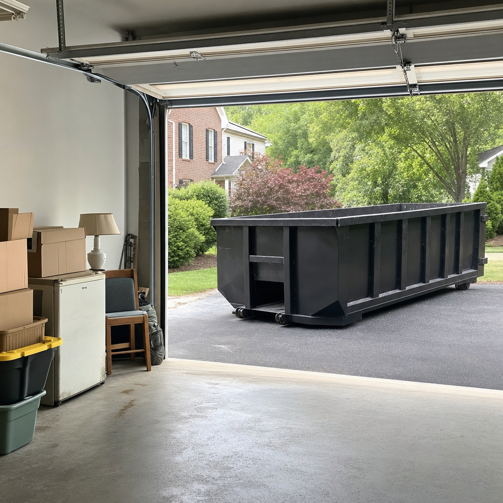 Open garage interior in a San Mateo home mid-cleanout — boxed items, an old appliance, and stacked yard tools queued near the driveway for a matte-black roll-off dumpster, organized and calm