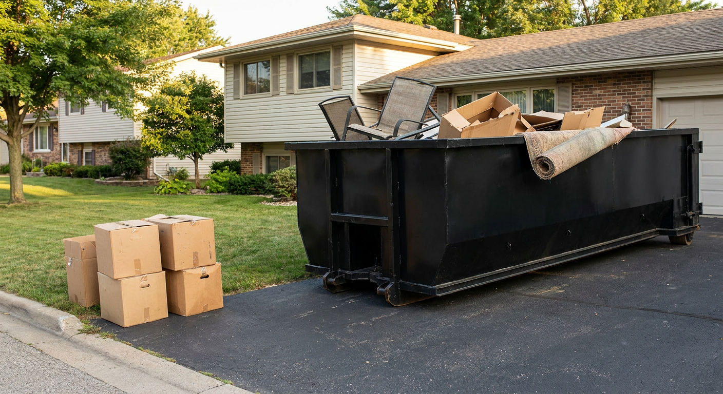 Front-yard view of a San Mateo split-level home with a 20-yard matte-black roll-off dumpster sitting directly on the asphalt driveway, a few clearly labeled donation boxes staged at the curb, calm sunny afternoon.