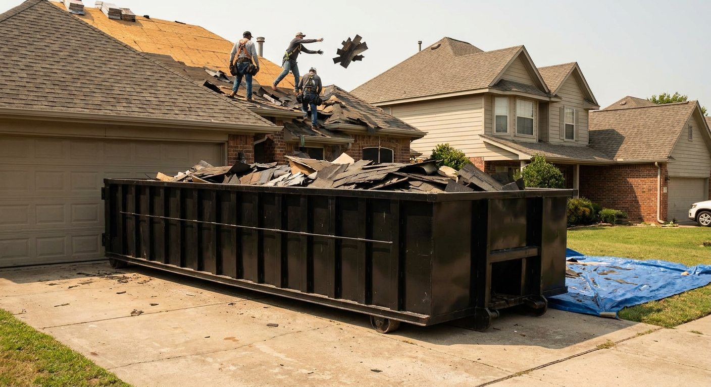 Matte-black roofing roll-off dumpster placed directly on a San Mateo residential concrete driveway, a tear-off crew on a two-story asphalt-shingle roof tossing shingle bundles into the low-walled container, bright daylight, documentary 35mm perspective.