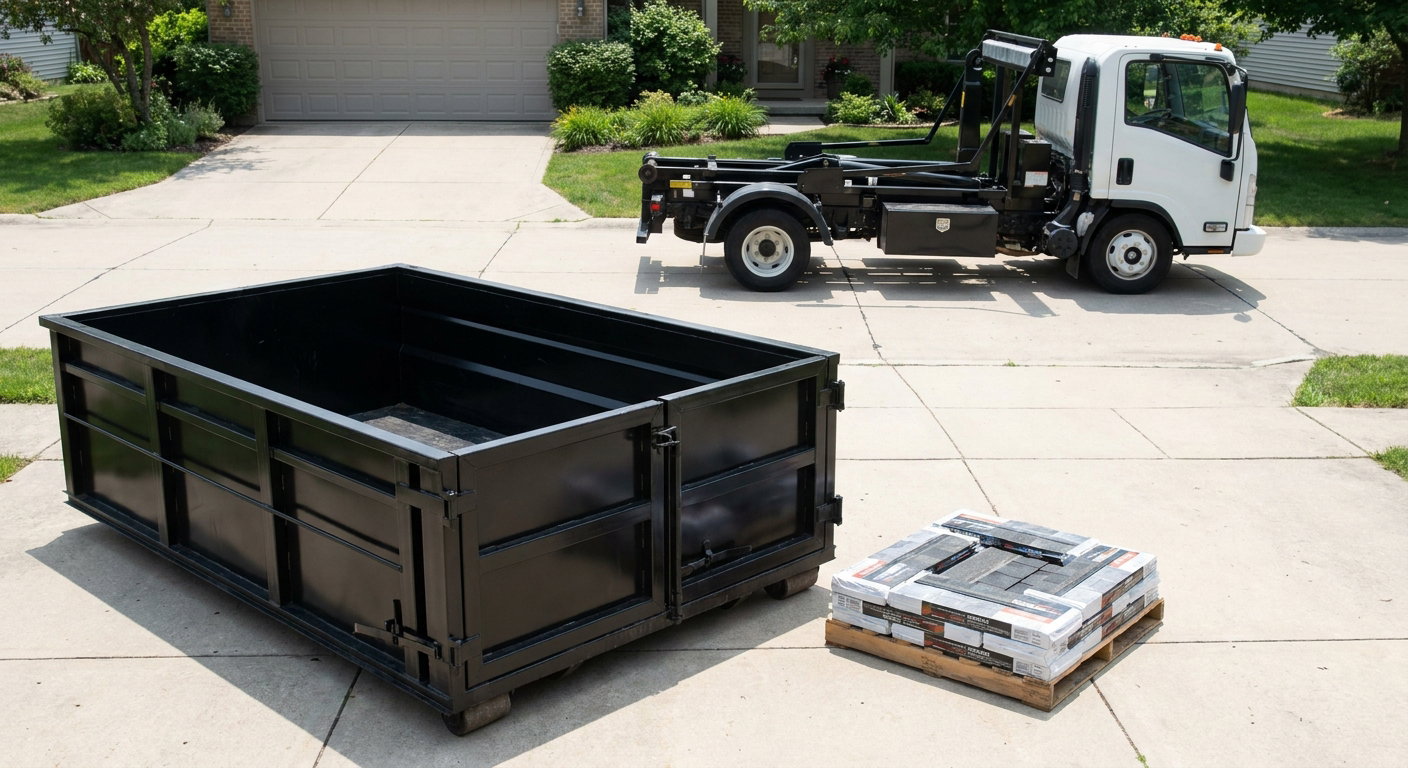 Matte-black 15-yard roofing roll-off dumpster with reinforced low side walls sitting directly on a San Mateo residential concrete driveway, three-tab asphalt shingle bundles stacked nearby, an unmarked white hauler truck partially visible at the edge of the frame.