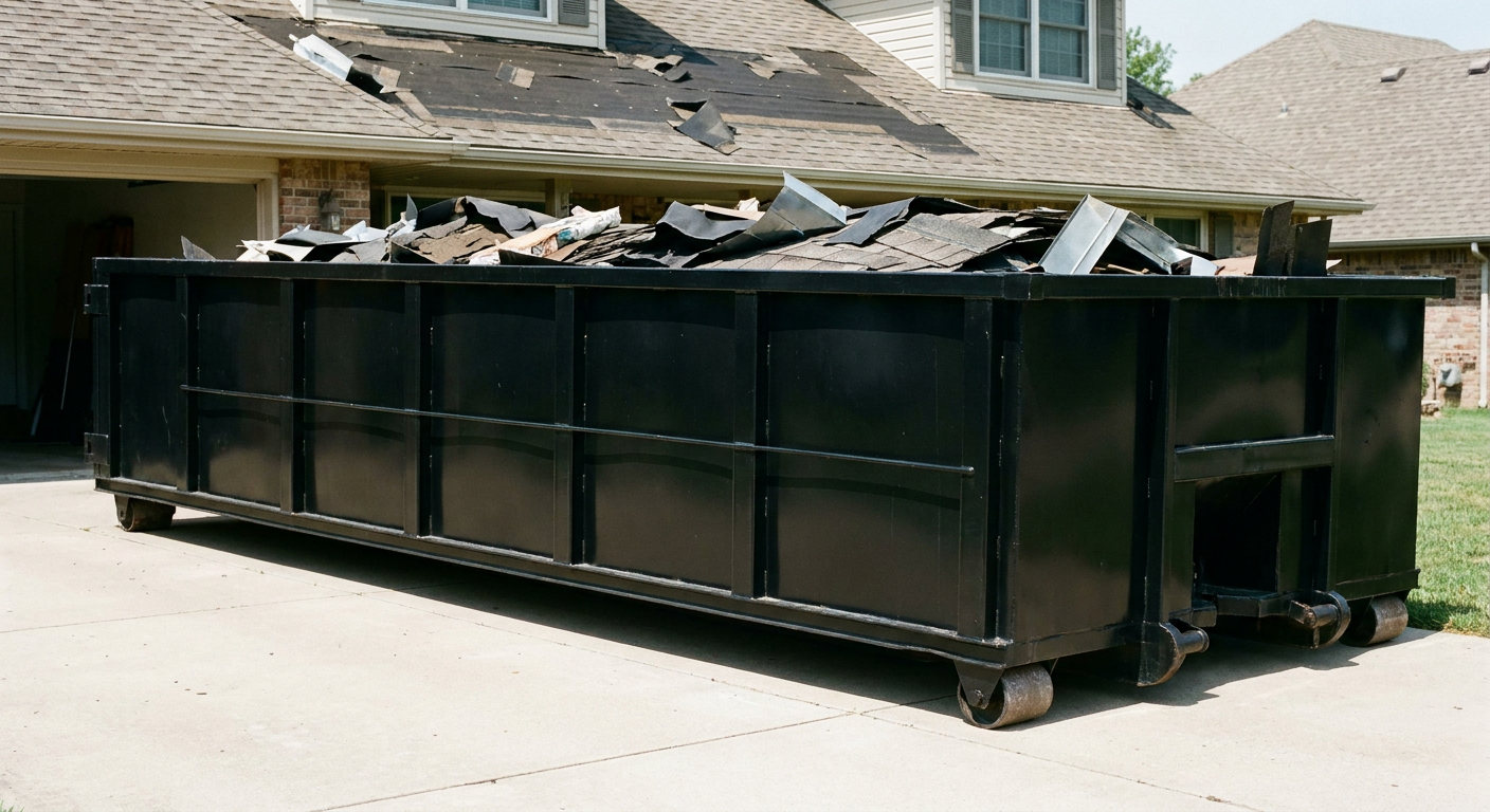 Matte-black 20-yard roofing roll-off dumpster with steel ribbed sides and swinging rear door, sitting directly on the concrete driveway of a two-story San Mateo home, asphalt shingle debris being loaded over the low wall, clean documentary lighting.