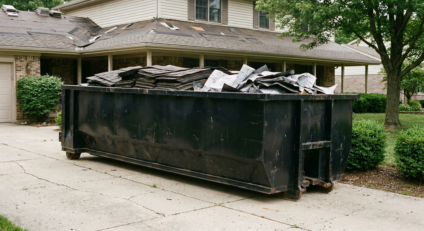 Matte-black 30-yard roofing roll-off dumpster sitting directly on a San Mateo concrete driveway, taller ribbed steel side panels, mixed tear-off debris of asphalt shingles and underlayment inside, professional documentary daylight.