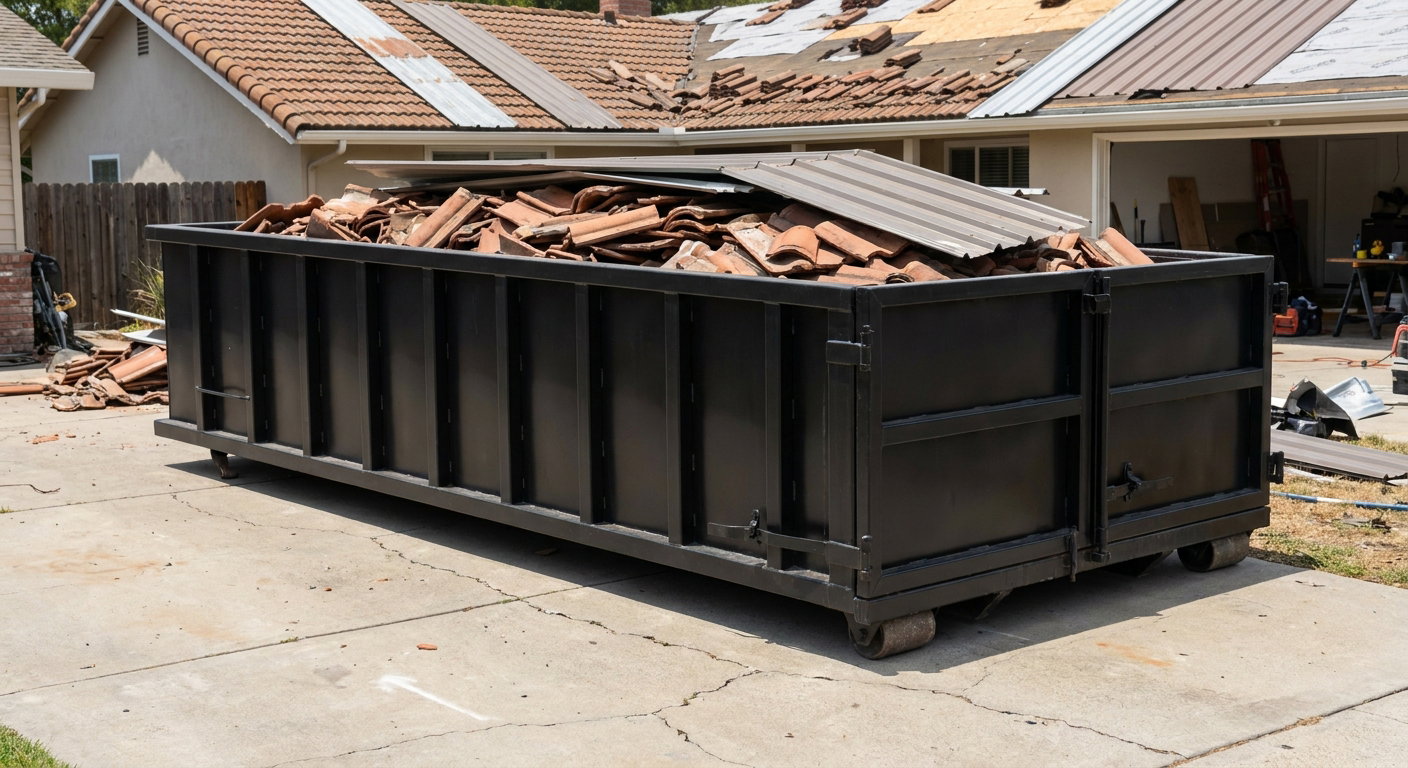 Matte-black low-wall heavy-debris roofing roll-off dumpster sitting directly on a San Mateo concrete driveway, broken concrete clay roof tiles and metal panel sections loaded inside, reinforced ribbed steel side walls visible, bright outdoor daylight.