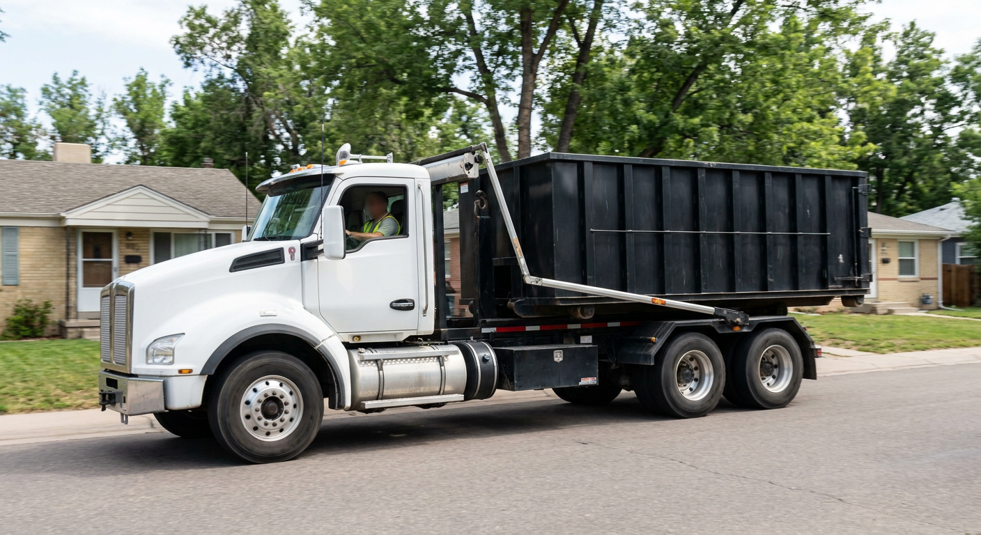 A wide documentary shot of a matte-black roll-off delivery truck pulling onto a quiet San Mateo residential street at mid-morning, with neighborhood rooftops and tree-lined blocks visible behind, showing the metro coverage footprint.