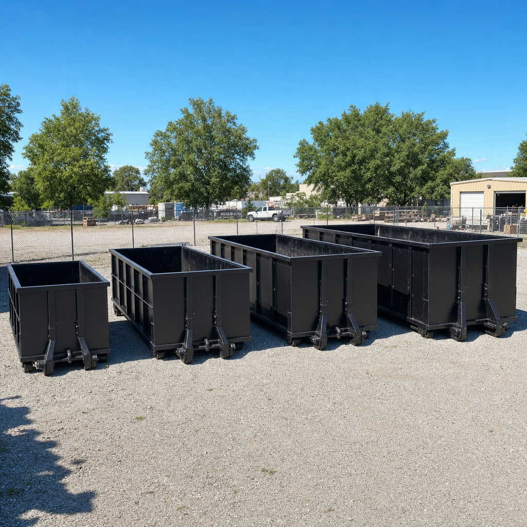 A clean lineup of matte-black roll-off dumpsters in 10, 20, 30, and 40-yard sizes staged on a sunlit gravel yard in San Mateo, showing the size progression from compact to commercial-scale containers.