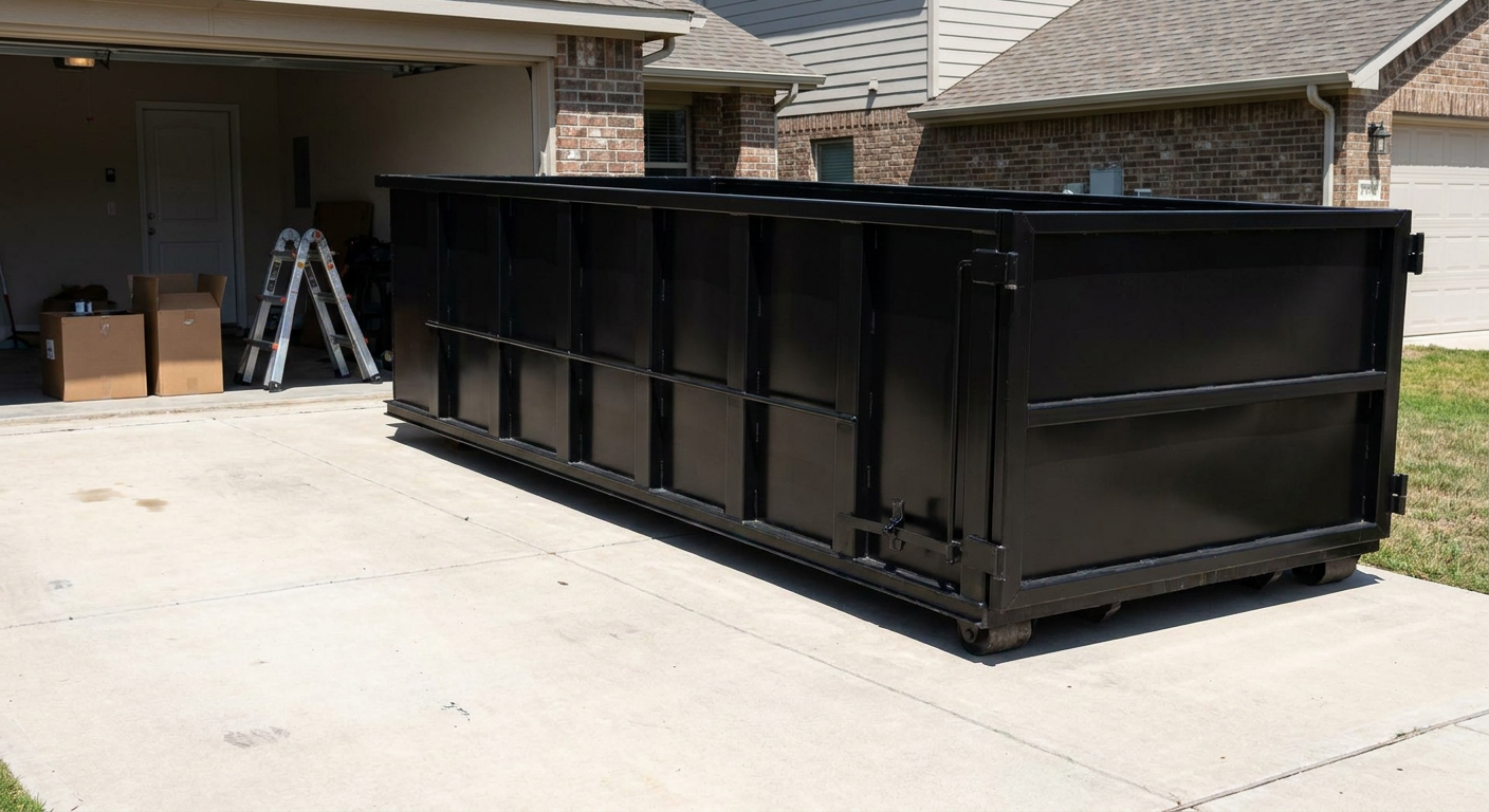 A matte-black 10-yard roll-off dumpster sitting directly on a residential San Mateo concrete driveway, mid-day sunlight, clean and ready for a garage cleanout.