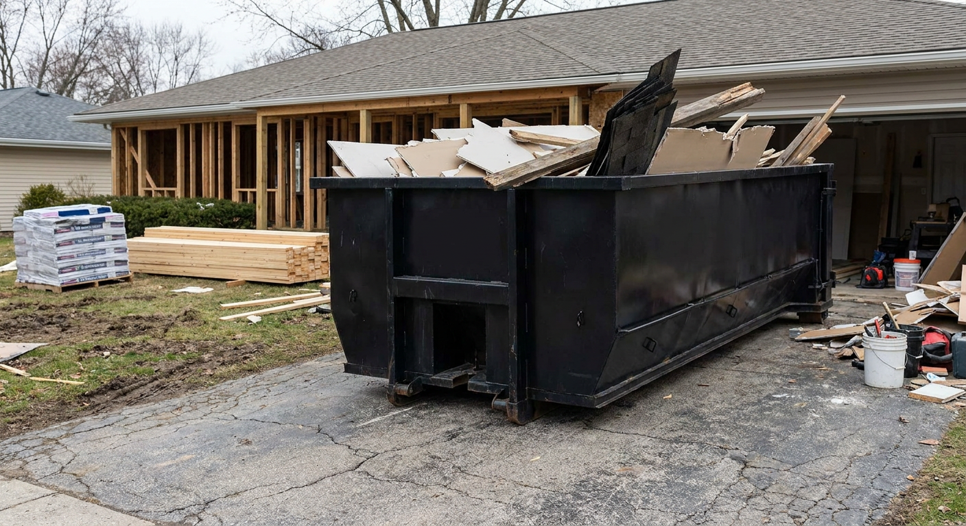 A matte-black 20-yard roll-off dumpster placed alongside a mid-renovation San Mateo home directly on the asphalt driveway, with framing materials and torn-off shingles staged neatly nearby.
