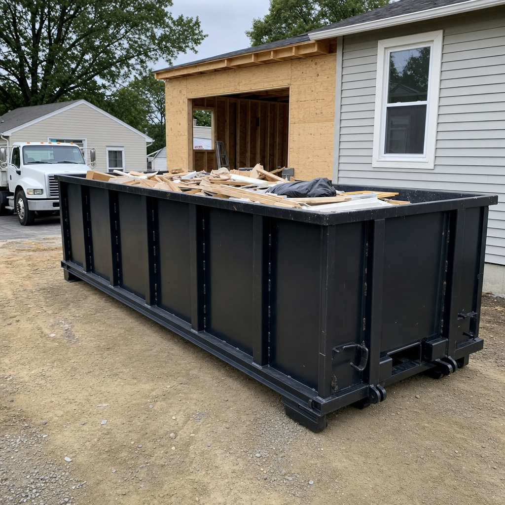 A matte-black 30-yard roll-off dumpster positioned at a San Mateo residential addition jobsite, with framing lumber and drywall scraps loaded through the open swinging rear doors.