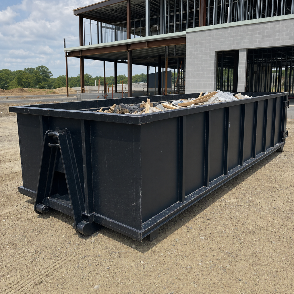 A matte-black 40-yard roll-off dumpster staged on a large San Mateo commercial construction lot, with a hooklift delivery truck parked alongside under bright midday sky.