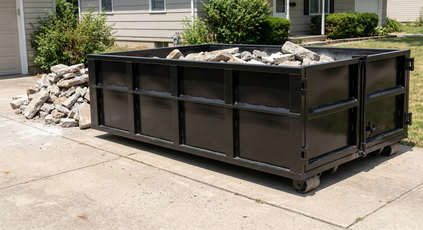 A matte-black low-side heavy-debris roll-off dumpster placed directly on a San Mateo concrete driveway, with broken concrete chunks neatly stacked beside it under clean daylight.