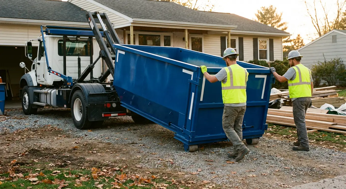 Construction dumpster delivery truck in action in San Mateo, CA