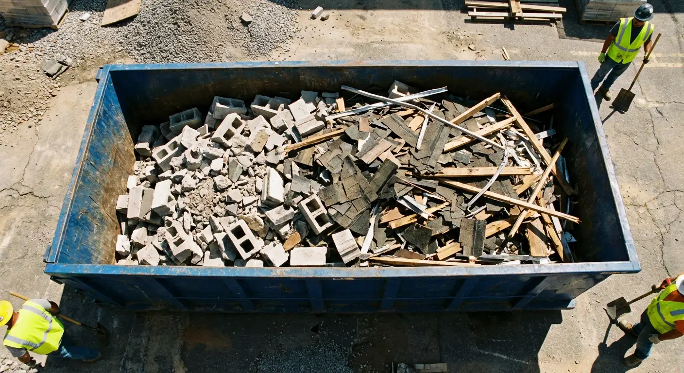 Roll-off dumpster loaded with construction debris in San Mateo, CA