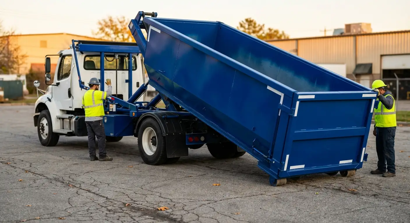 Roll-off dumpster rental truck protecting driveway surfaces in San Mateo, CA